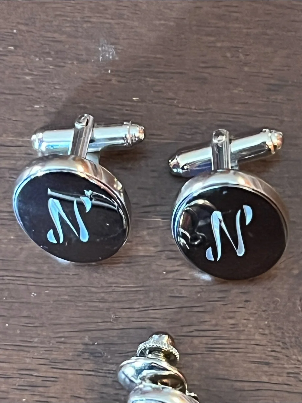 Monogram 'N' Cufflinks and Tie Tack - Silver Tone